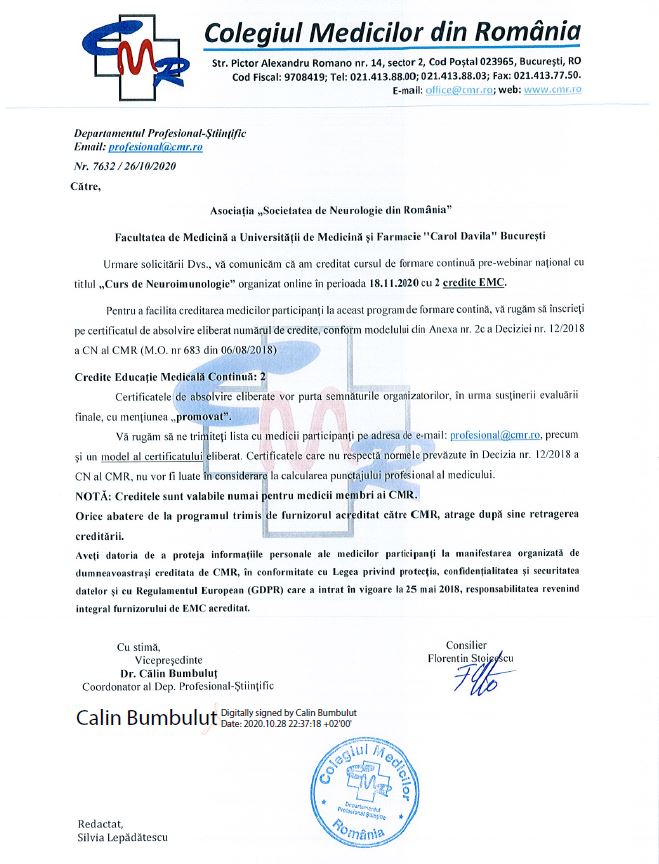 Acreditare Webinar Curs Neuroimunologie 2 credite